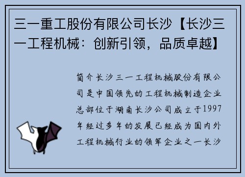 三一重工股份有限公司长沙【长沙三一工程机械：创新引领，品质卓越】