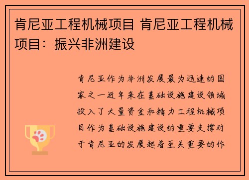 肯尼亚工程机械项目 肯尼亚工程机械项目：振兴非洲建设